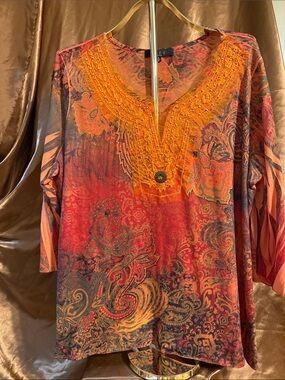 Boho Embroidered Orange-Red Paisley Tunic Top